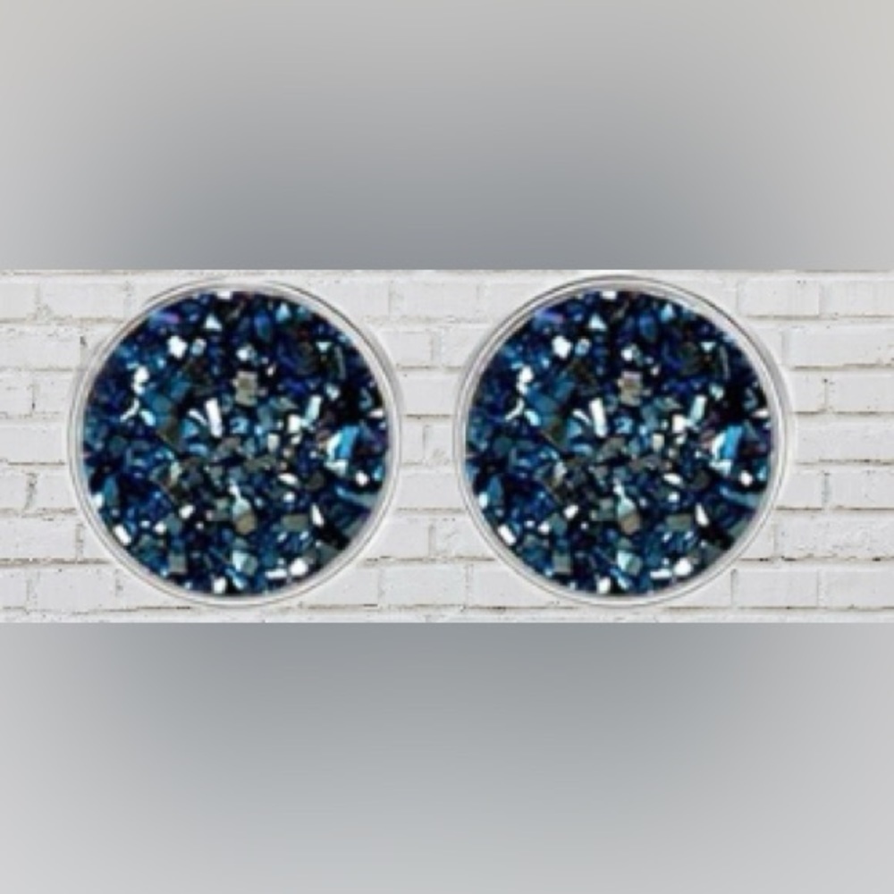 Dark Blue Stud Stainless Steel Druzy Studs Earrings 12mm